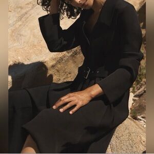 CO Black Crape Belted V-neck Collar Long Sleeve Elegant Midi Shirt-Dress S